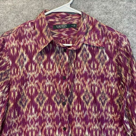 LAUREN RALPH LAUREN Silk Blend Blouse Ikat Print Button Front Purple Medium Top - Picture 2 of 11
